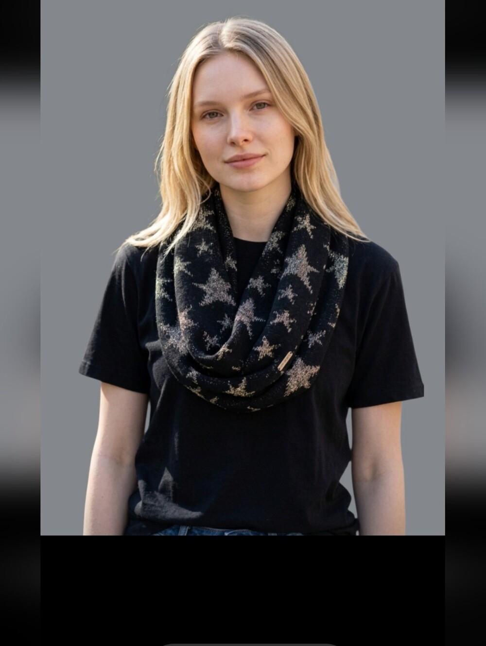 STEVE MADDEN KNIT INFINITY LOOP COWL SCARF, BLACK WITH METALLIC STARS